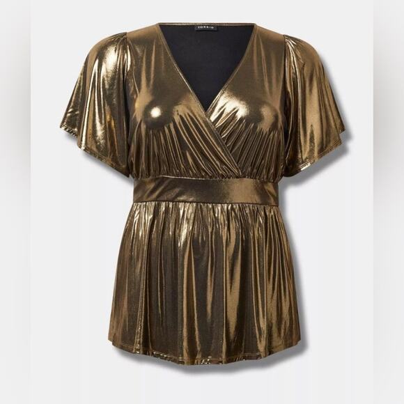4X-TORRID Women’s Liquid Shine Surplice Split Sleeve Peplum Top, Gold, Size 4X - Picture 2 of 12